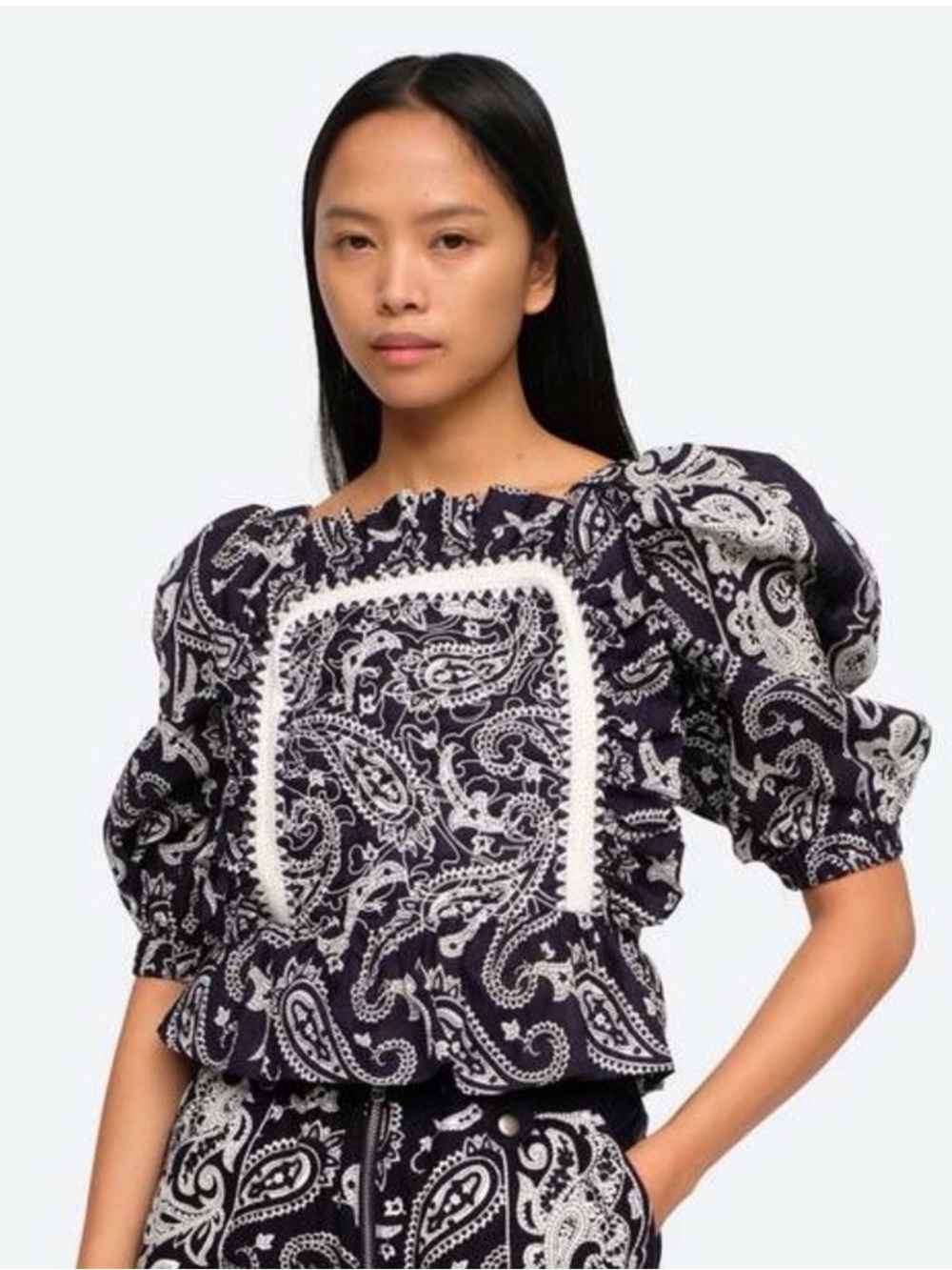 Sea New York Navy Paisley Peasant Top with White Trim
